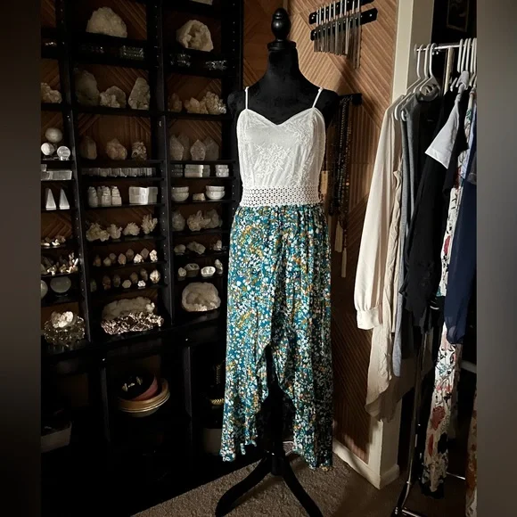 Liberty Love Dresses | Teal Blue Green Orange Cream Lace & Chiffon High Low Liberty Love Maxi Dress Nwt | Color: Blue/White | Size: L | Aho_Boho's
